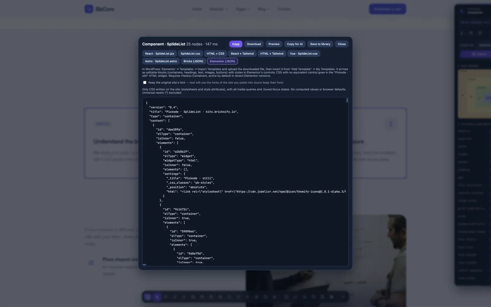 Elementor Navigator with the containers and widgets imported from Pickode
