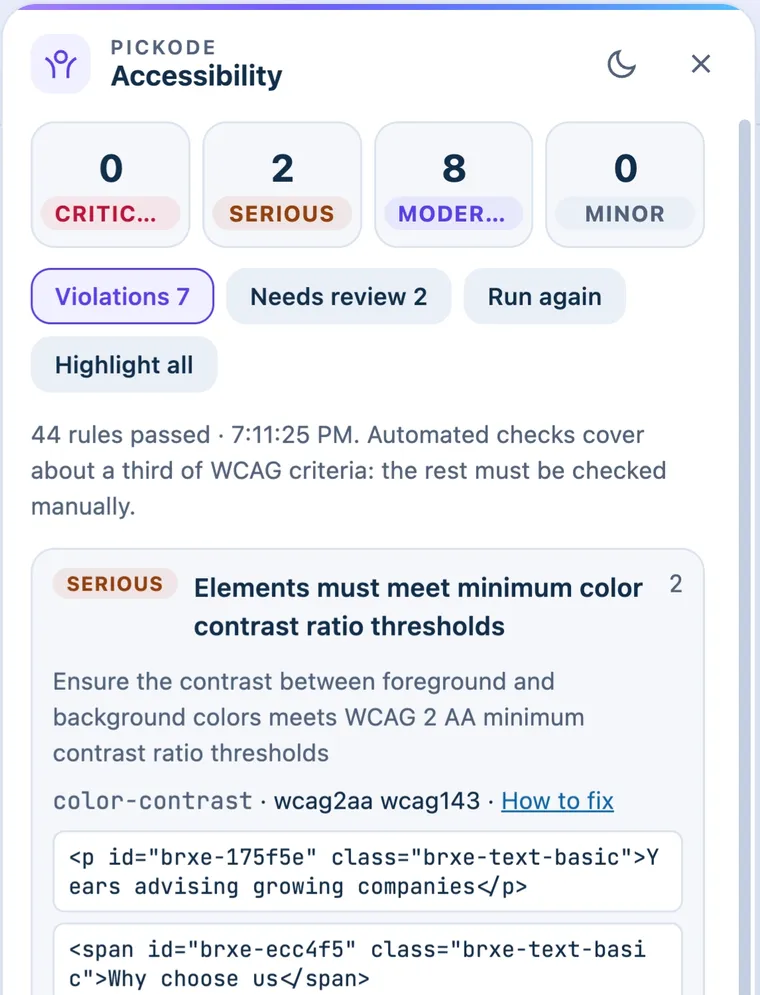 Pickode Accessibility panel: WCAG 2.2 violations by severity with highlighted nodes