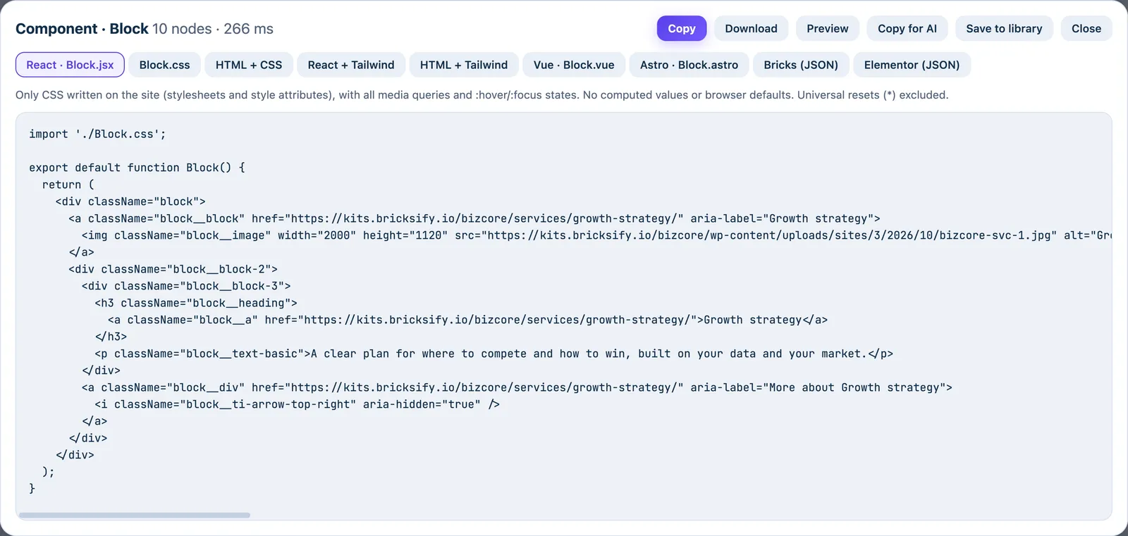 Pickode export window with tabs for React, HTML, Tailwind, Vue, Astro, Bricks and Elementor