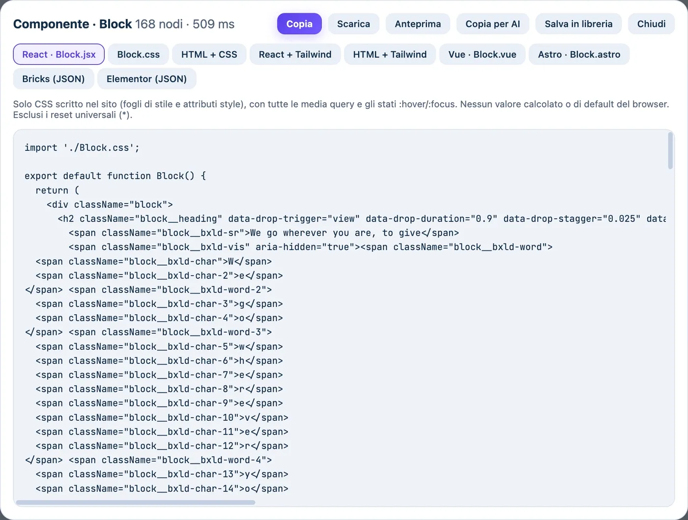 Finestra di export di Pickode con le schede React, HTML, Tailwind, Vue, Astro, Bricks ed Elementor